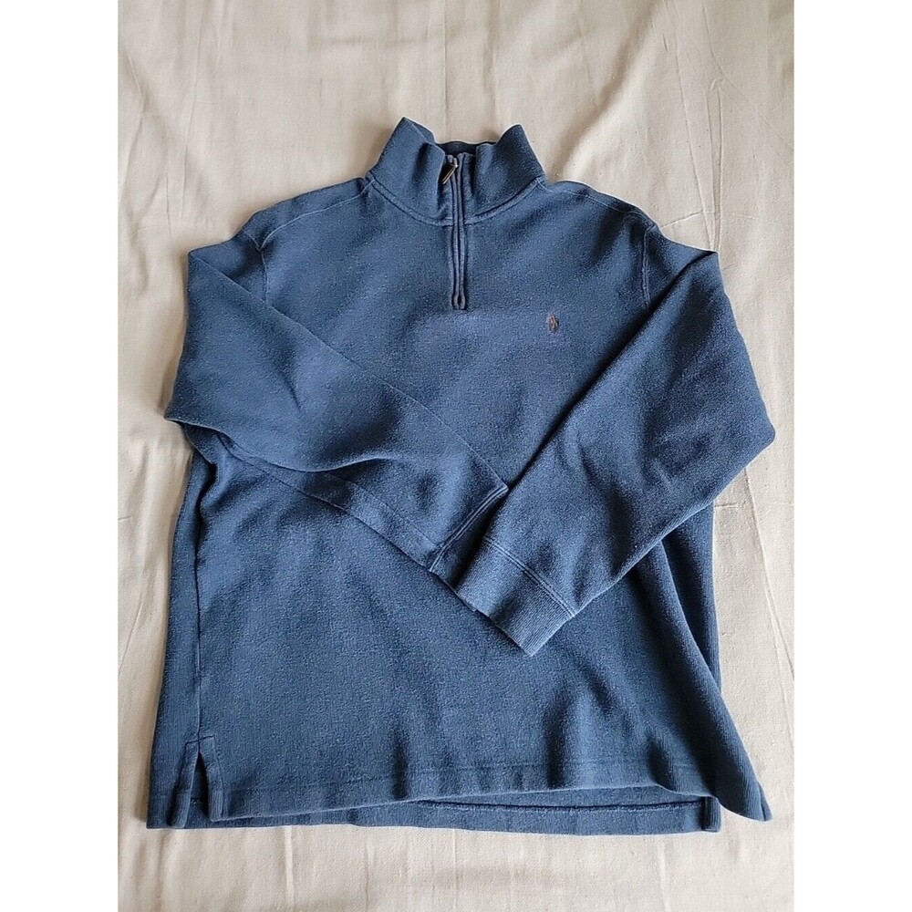 Polo Ralph Lauren Mens L Pullover Sweater 1/4 Zip‎ Blue Casual Leather Tab Logo